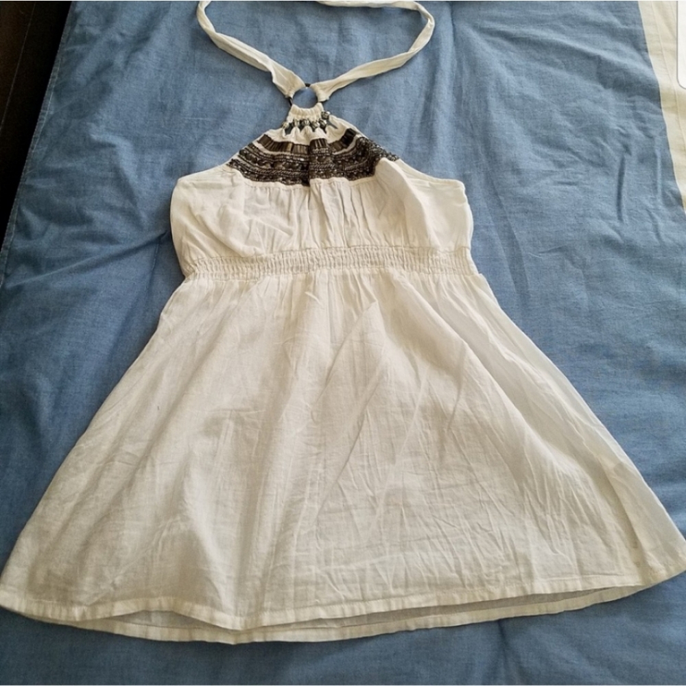 Bershka White Beaded Halter Top